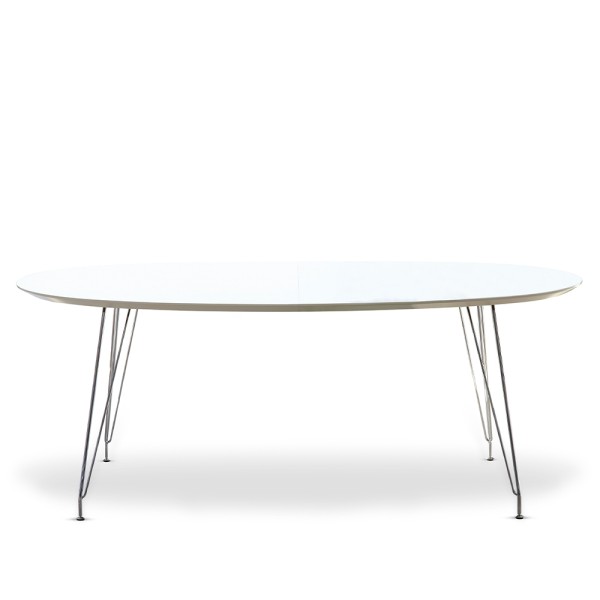 Ausziehbarer Esstisch "DK 10" von Andersen mit Stahl Fuß und Tischplatte aus weißem Laminat